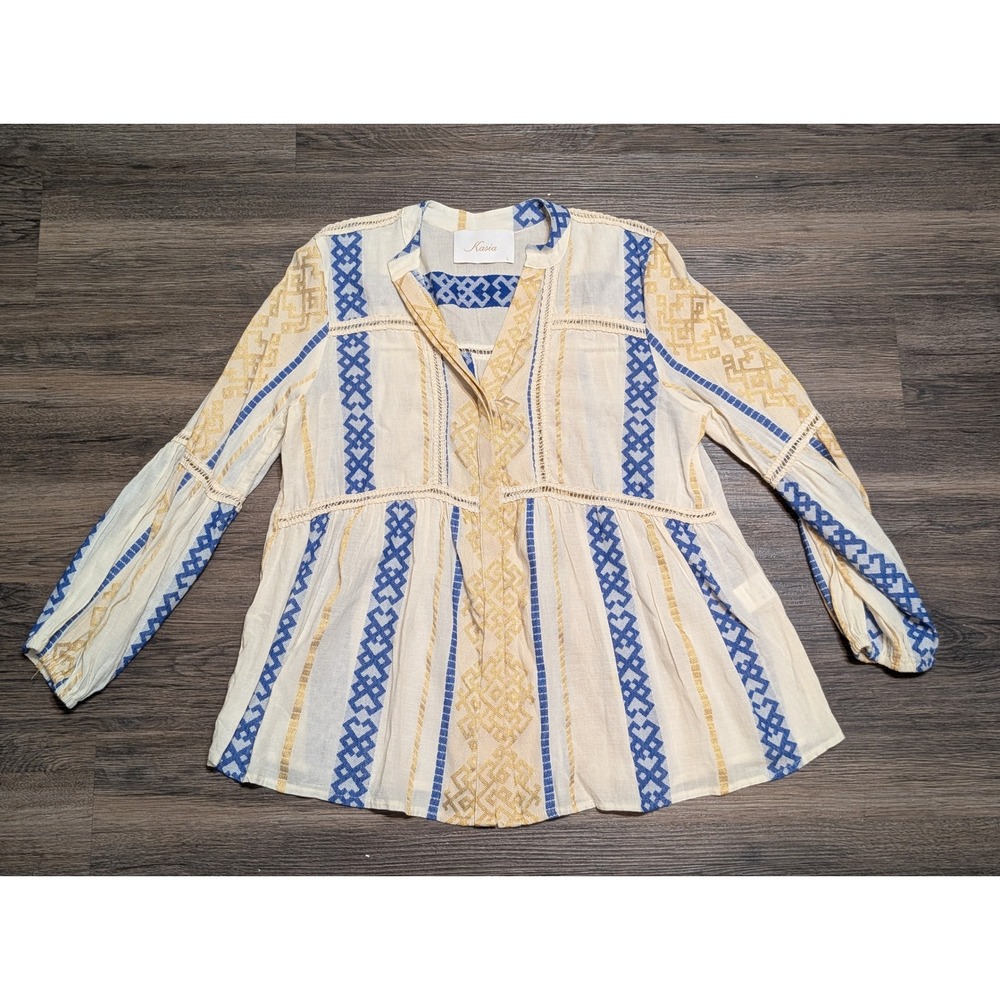Kasia Boho Embroidered Peasant Blouse Cream Blue Gold Metallic Large Long Sleeve